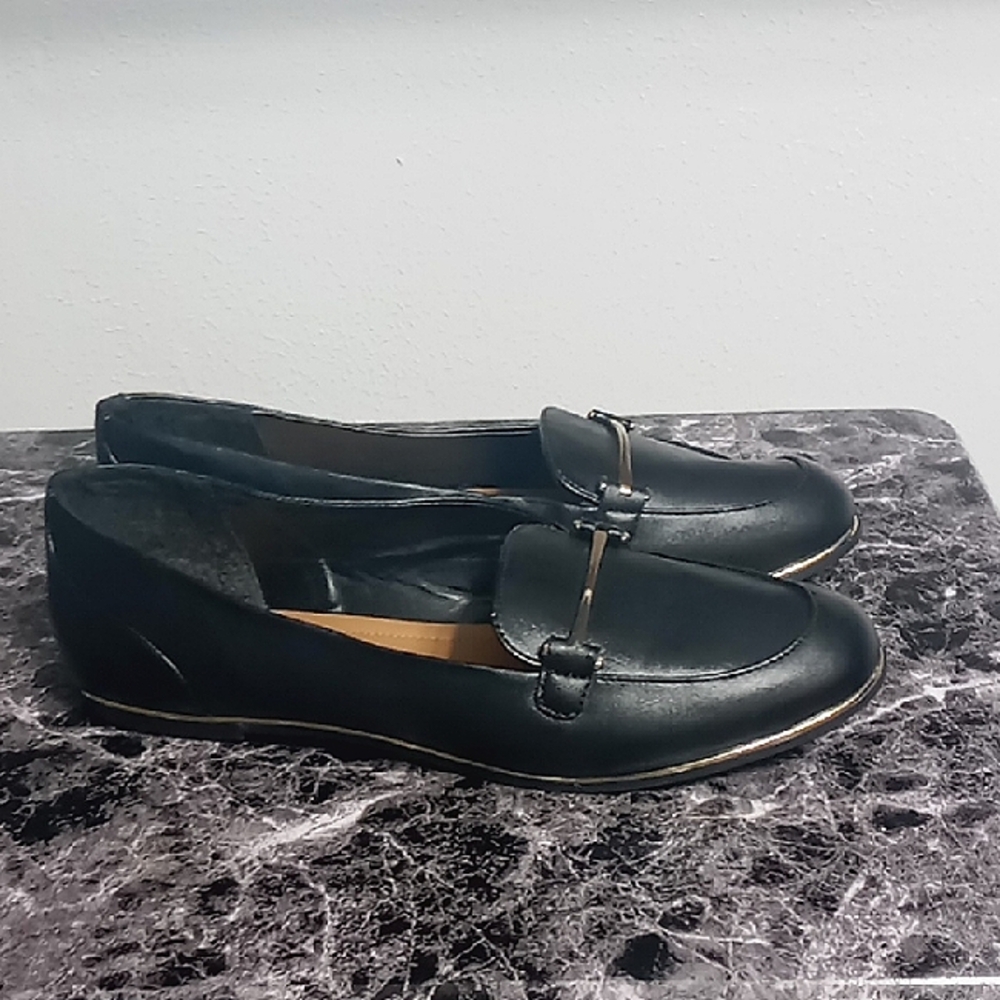 Women's Black Leather Slip-On Loafers with Metal Bit Detail